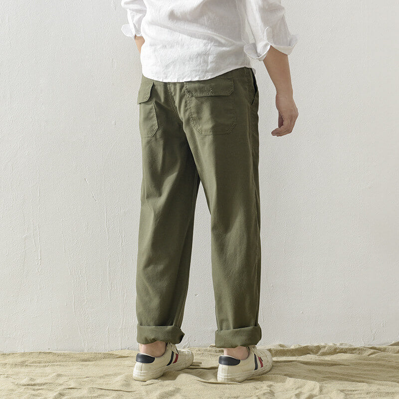 Cordones informales, transpirables y sueltos para hombres, pantalones ligeros de lino natural.