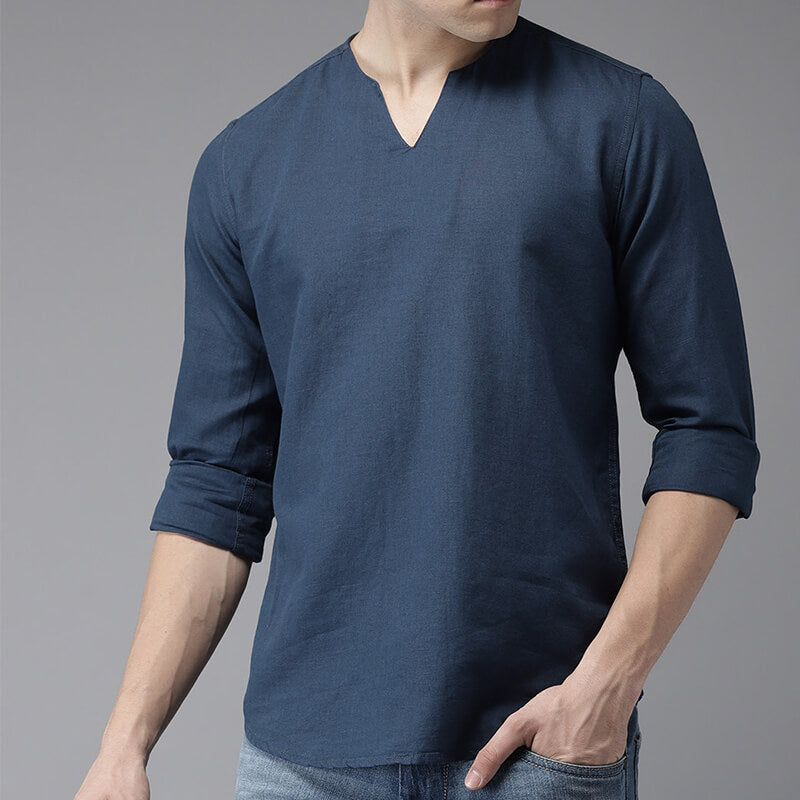 Camisa de lino de algodón de manga corta con cuello en V informal refrescante y fresca para hombres