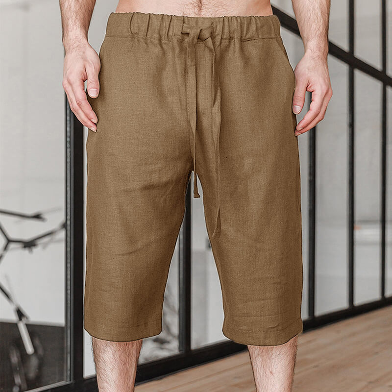Clásico ligero Cordón sencillo y suelto para hombre Negro Cómodo pantalón de lino natural Pantalón corto