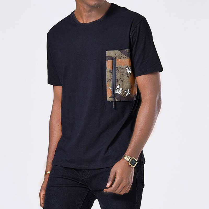 Paprastos kamufliažinės atspausdintos kišenės trumpomis rankovėmis iš medvilnės-juodų vyrams