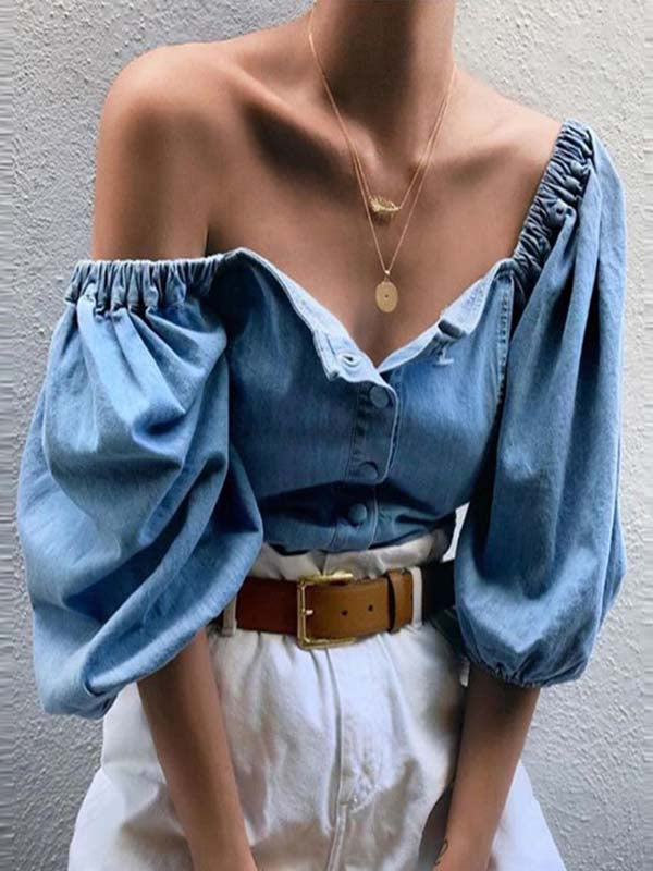 Camisa vaquera elegante a todo color para mujer con mangas de lazo