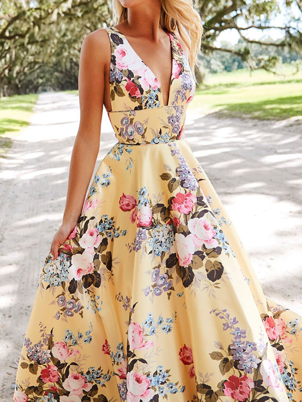 Blumendruck Stechender Hals Prom Maxi Kleid Abendparty Vestido