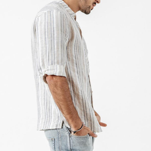 Herren Stehkragen gewaschen Baumwolle und Leinen gestreift bequemes Hemd