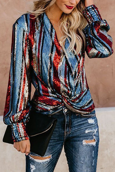 Fashion V-Ausschnitt lose gestreifte Pailletten-Shirt