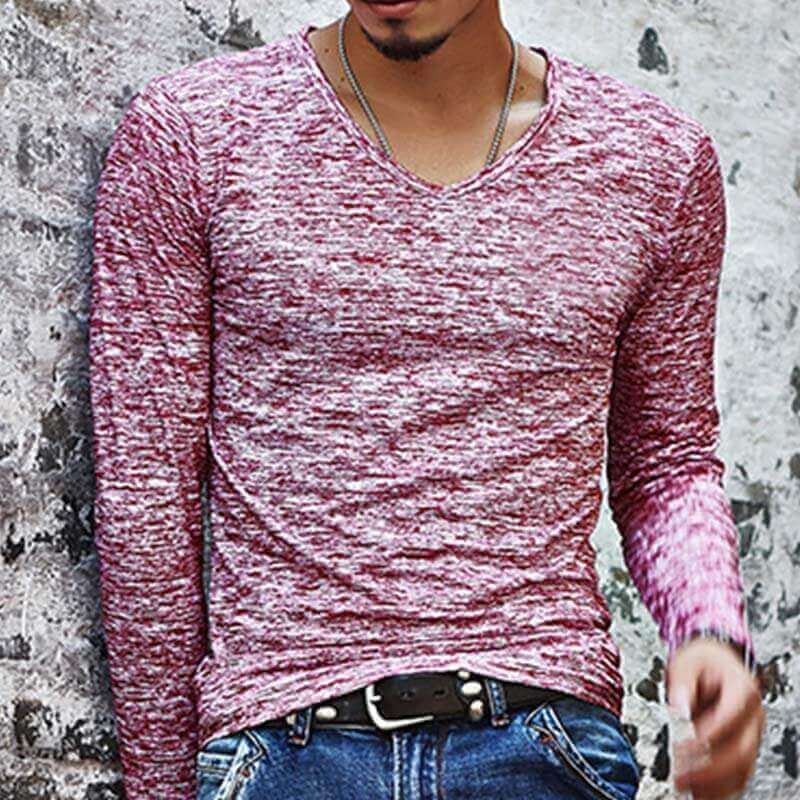 Vyriški marškiniai marškinėliais iš paprastų v formos kaklo ilgomis rankovėmis