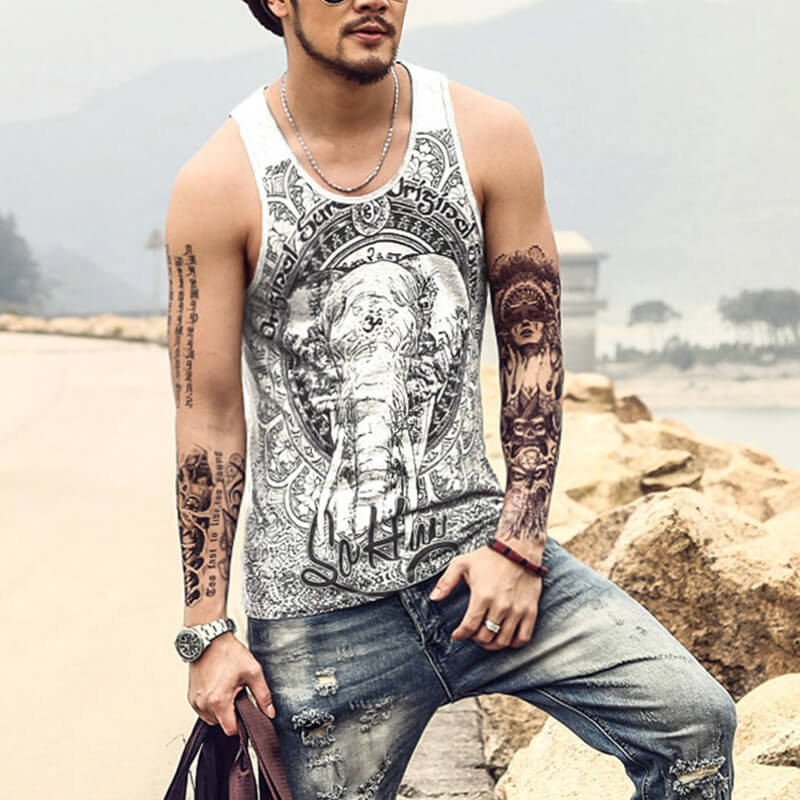 Chaleco de algodón estampado de elefante delgado sin mangas casual hippie de verano para hombres