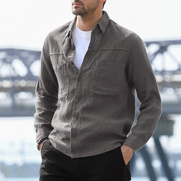 Vyriški laisvalaikio palaidi dvigubos kišenės ilgio rankovių lininiai marškiniai