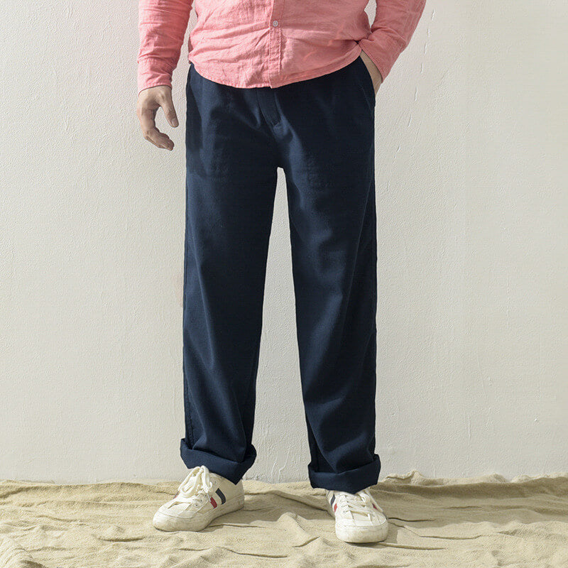 Cordones informales, transpirables y sueltos para hombres, pantalones ligeros de lino natural.