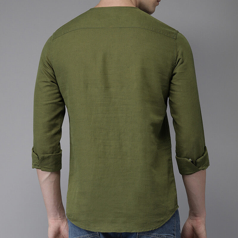 Camisa de lino de algodón de manga corta con cuello en V informal refrescante y fresca para hombres