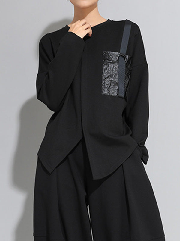 Camisa de mujer de manga larga con bolsillo de cuero.