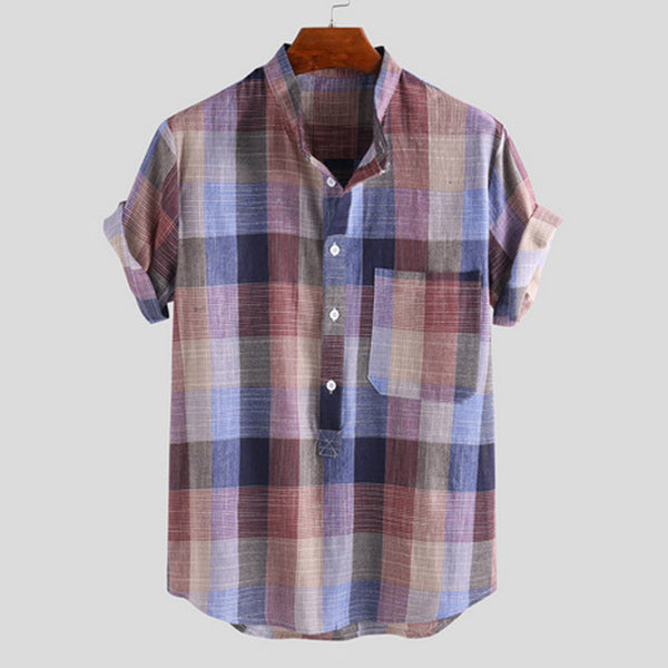 Camisa a cuadros suelta con cuello alto vintage para hombre