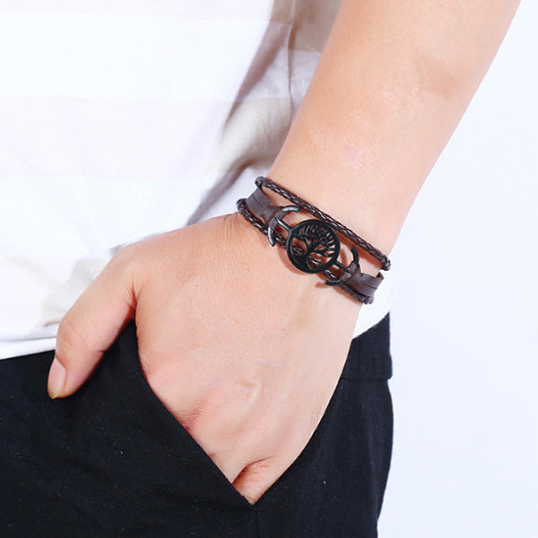 Pulsera vintage de cuero con doble hebilla para hombre