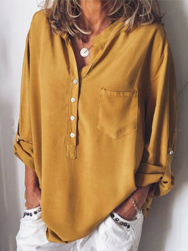 Einfarbiges Hemd aus Baumwolle und Leinen für Damen mit V-Ausschnitt