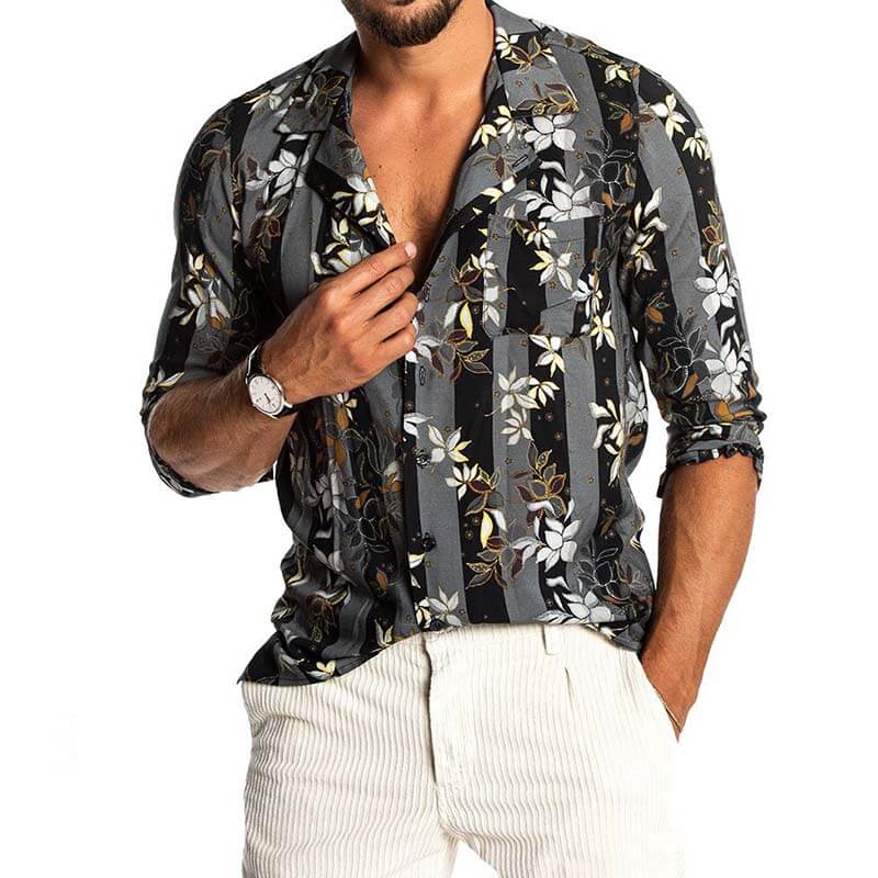 Camisa de verano con estampado floral a rayas de estilo hawaiano para hombre