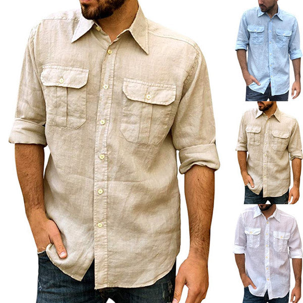 Vyriški kasdieniniai lininiai dvigubos kišenės atlapai ilgomis rankovėmis