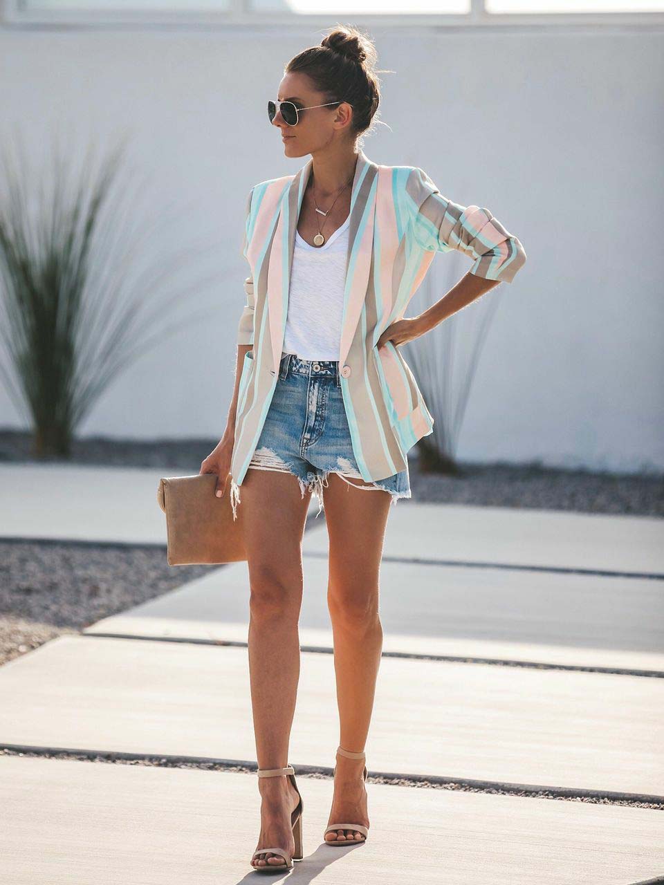 Chaqueta casual a rayas azules y rosas para mujer