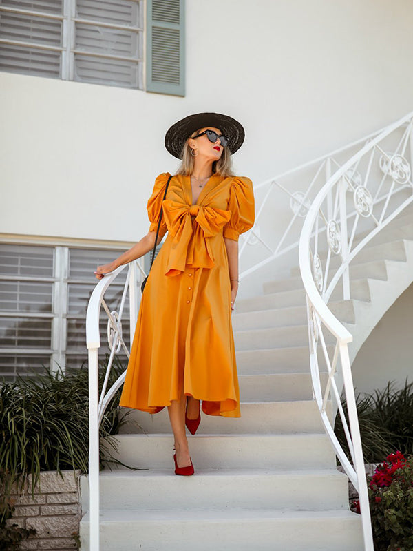Fliege Puffärmel Button Down Midi Kleid