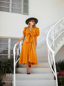 Fliege Puffärmel Button Down Midi Kleid