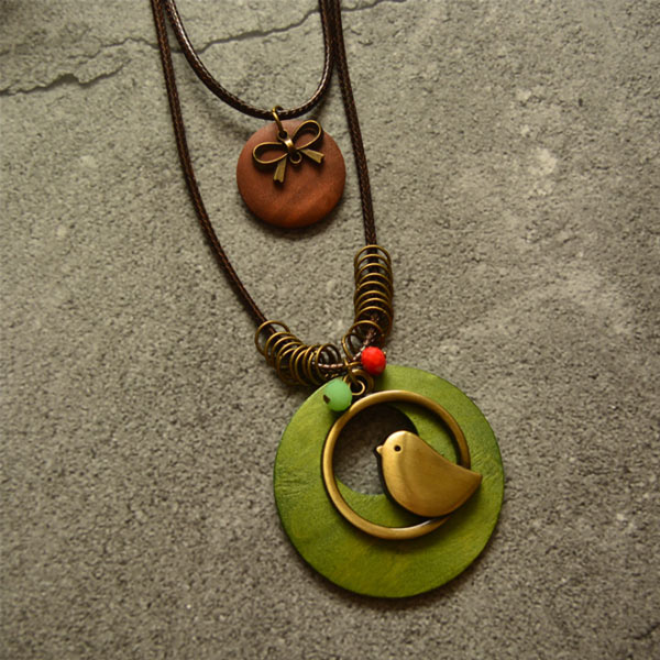 Collar de arco de pájaro de madera de doble capa de estilo vintage literario