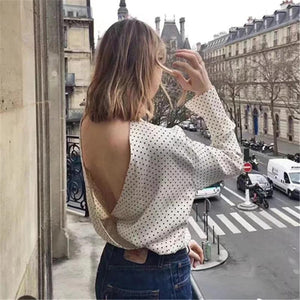 Blusas de lunares sin espalda con cuello redondo y espalda abierta de manga larga vintage