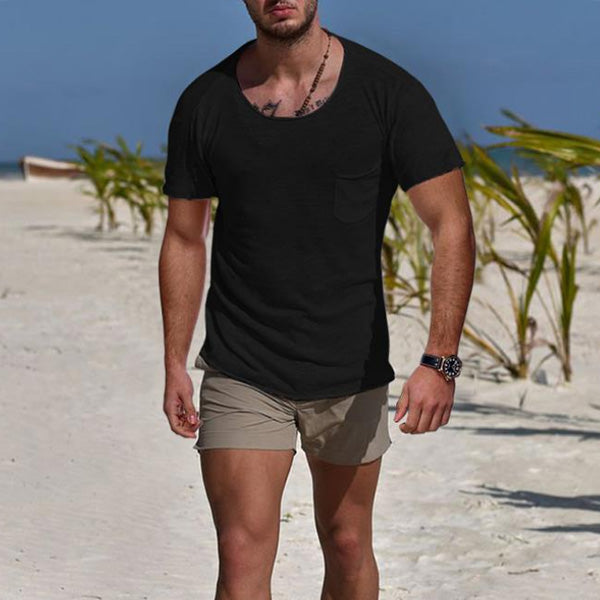 Vienos spalvos vyriški marškinėliai vientisos spalvos kaklo trumpomis rankovėmis