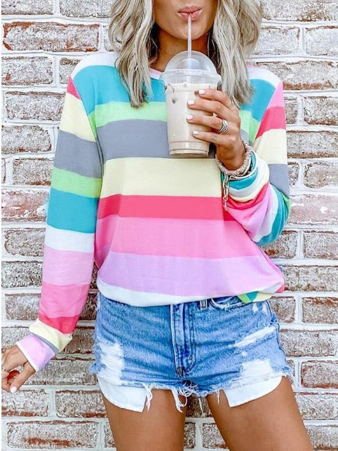 Moda para mujer Impreso Cuello redondo Manga larga Colorido Rayas rojas Top