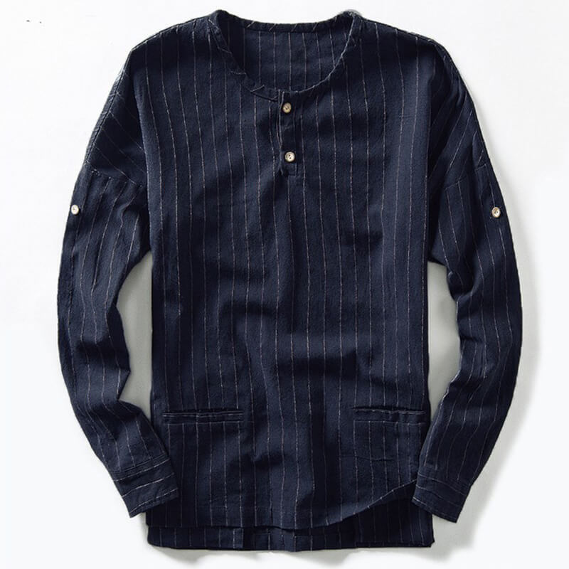 Vyriškos mados dvigubos kišenės su apvalia apykakle, dryžuotomis medvilninėmis ilgomis rankovėmis