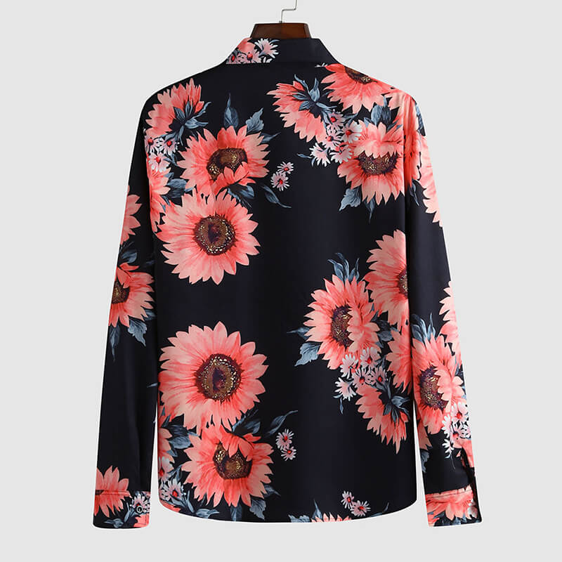 Men&#39;s fashion sunflowers Printed long-sleeved cotton blend shirts
