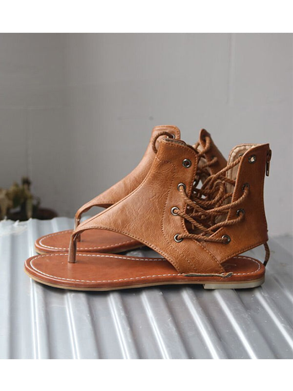 Damen Retro Mode Flat Zip Schnürsandalen