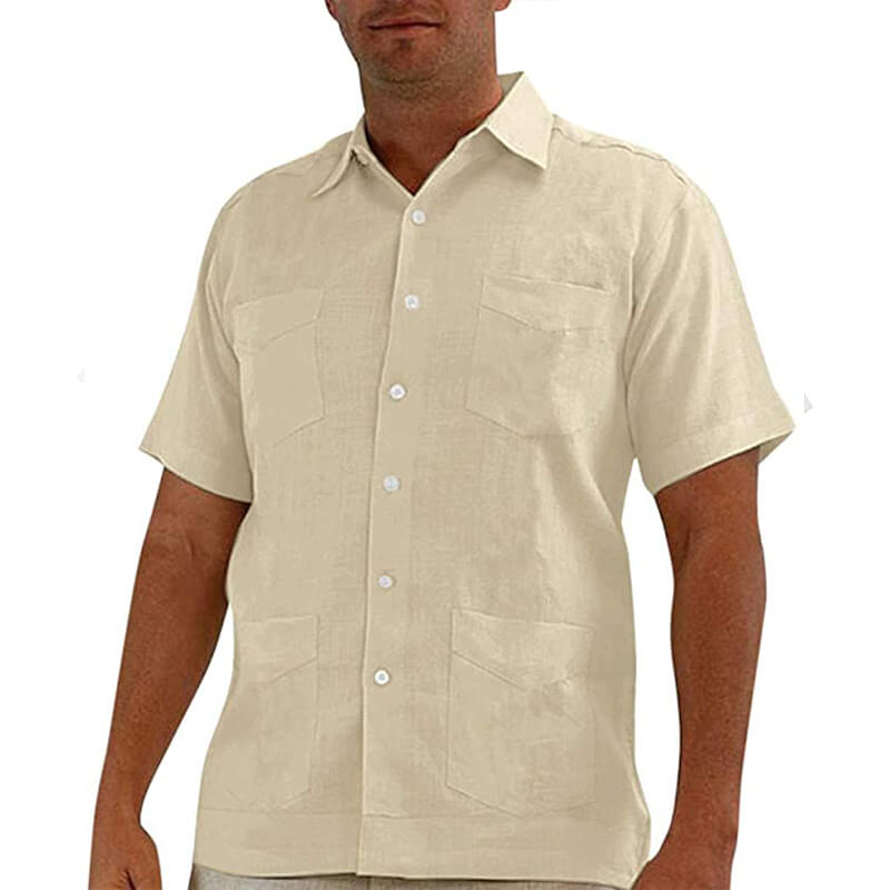Vyrų vasaros atostogų paplūdimys Kvėpuojantys patogūs trumpų rankovių medvilniniai marškiniai su daugybe lininių kišenių