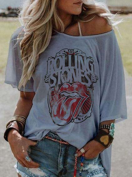 ROLLING STONES Impreso Word Collar Loose Camiseta de mujer