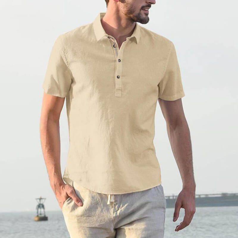 Paprastos vasariškos kvėpuojančios trumpų rankovių marškinėliai iš vyriškos medvilnės drobės