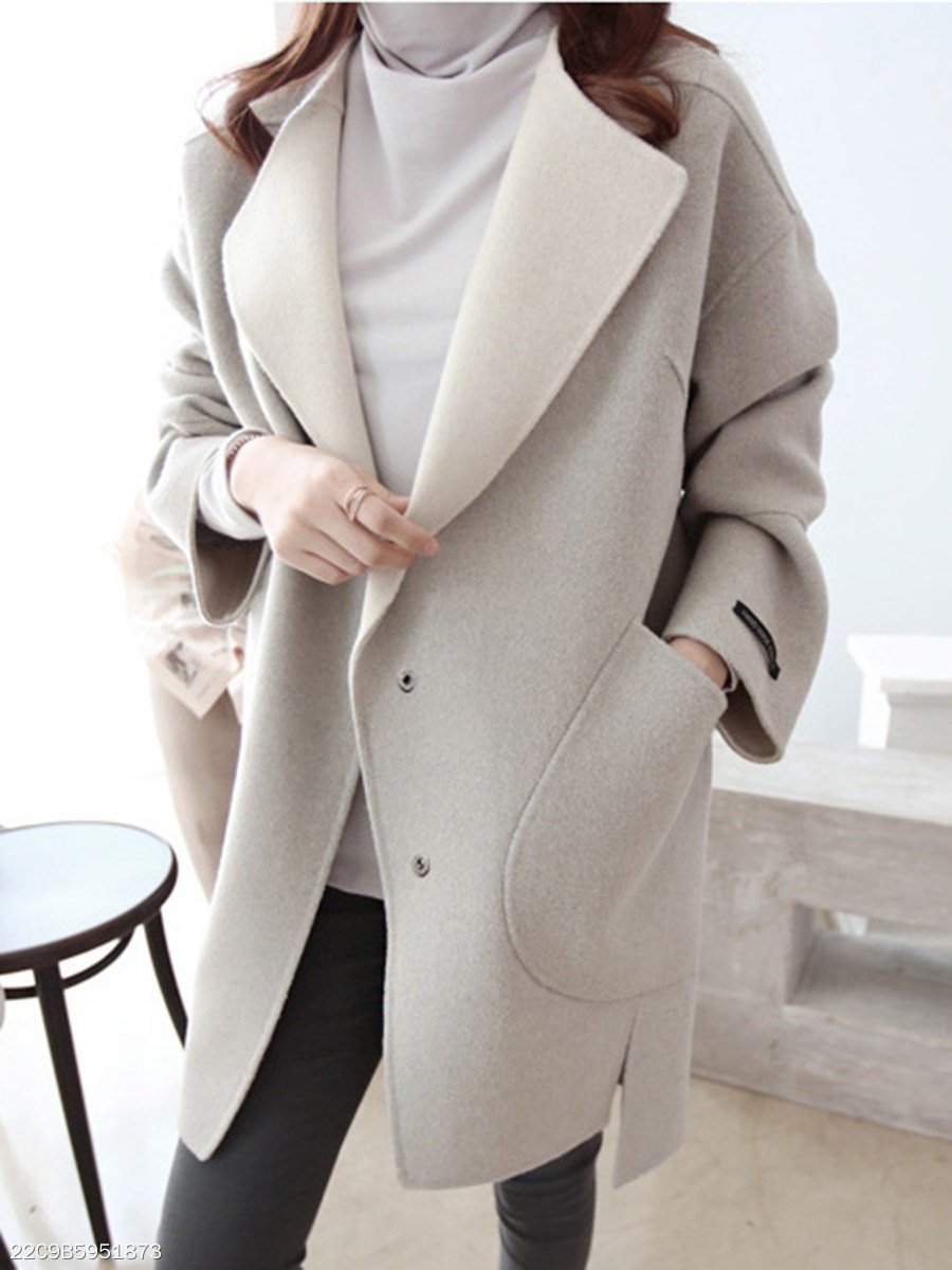 Lapel Patch Pocket Plain Woolen Coat