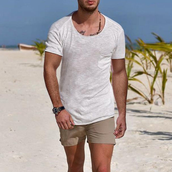 Vienos spalvos vyriški marškinėliai vientisos spalvos kaklo trumpomis rankovėmis