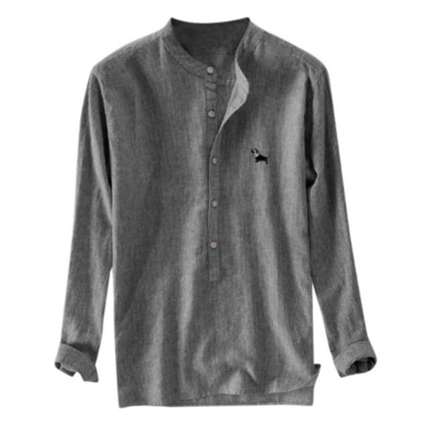 Camisa bordada a rayas de algodón lavado con cuello alto para hombre Mangas largas