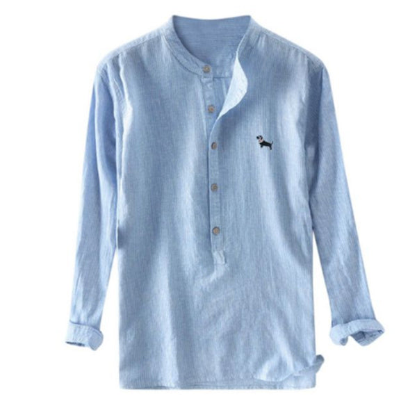 Camisa bordada a rayas de algodón lavado con cuello alto para hombre Mangas largas