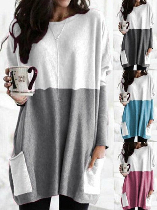 Top de manga larga con cuello redondo y bolsillo informal para mujer