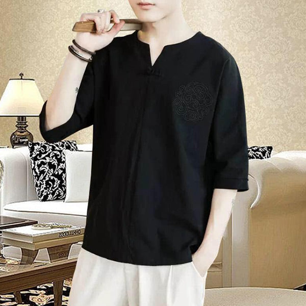 Camiseta con cuello de pico para hombre hecha de algodón y lino con cuello en V