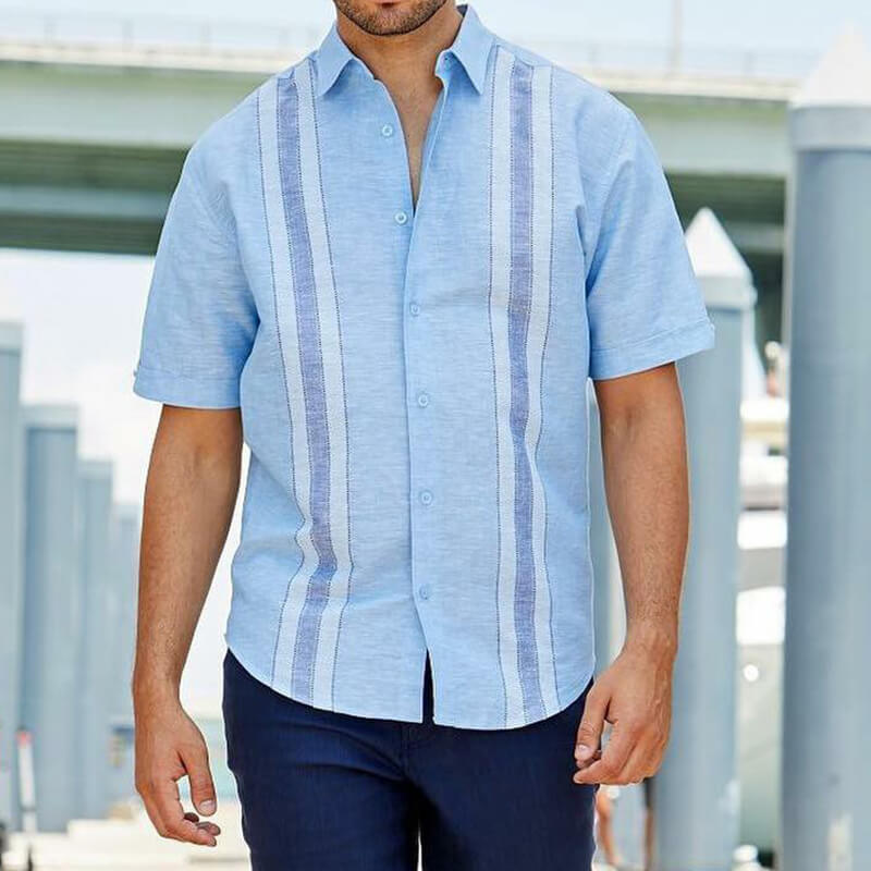 Herren Wide Striped Summer Cool Bequeme Kurzarm-Baumwoll-Leinenhemden