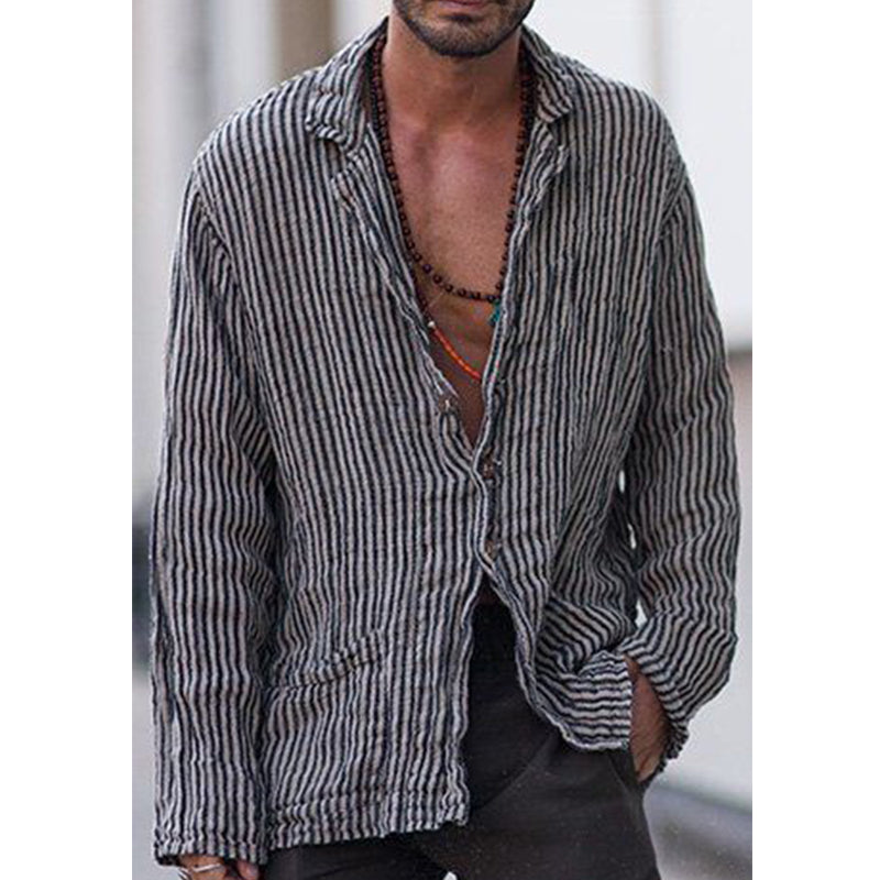 Laisvalaikio lininiai marškinėliai su dryžuotu atspaudu vyrams