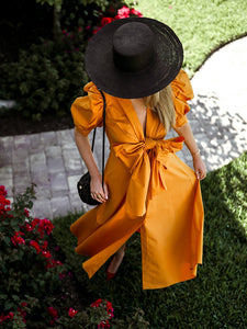 Fliege Puffärmel Button Down Midi Kleid