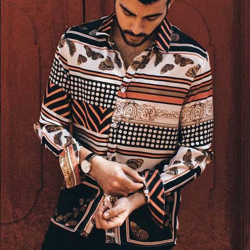 Camisas de mezcla de algodón de manga larga estampadas con estampado vintage para hombre