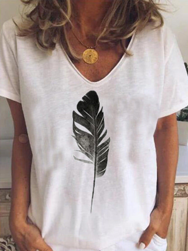 Camiseta con estampado de plumas para mujer con manga corta