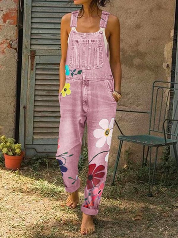 Damen Denim Blumendruck Jumpsuit