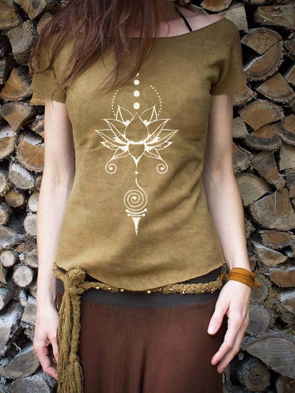 Damen Vintage Lotus Print Kurzarm T-Shirt