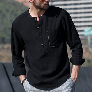 Men&#39;s summer vintage solid color round neck long sleeve long sleeve breathable linen shirt