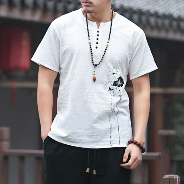 Camiseta de manga corta para hombre con estampado de loto en algodón y lino.