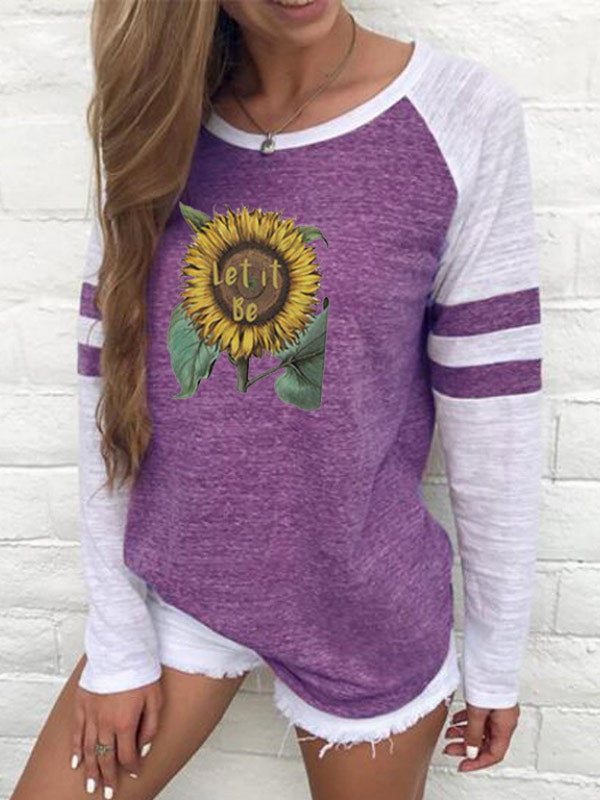 Top de rayas con cuello redondo estampado girasol para mujer