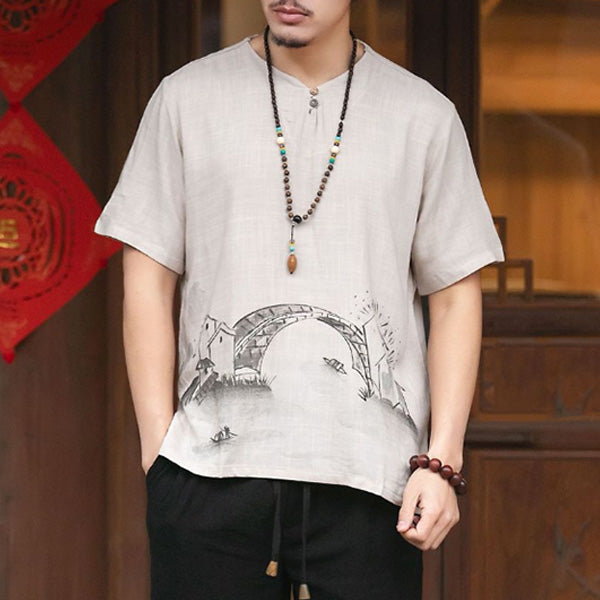 Camisa de hombre de manga corta en algodón y lino.