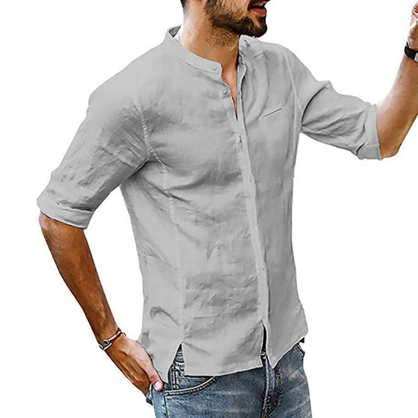 Camisa de lino simple con cuello alto para hombre.